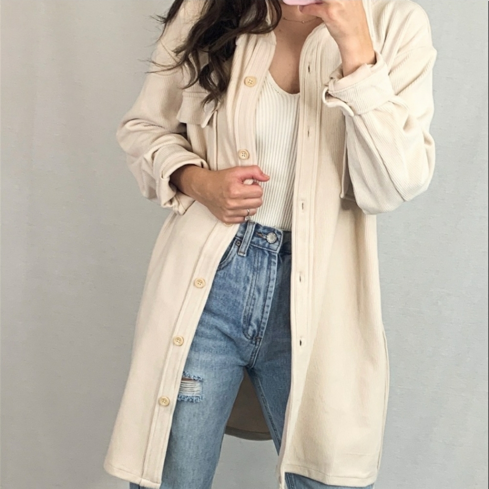 Brown corduroy button-down shacket